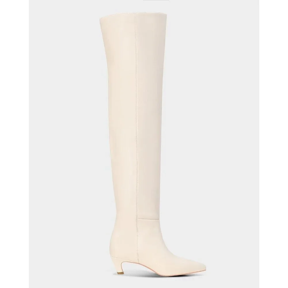 Women White Polyurethane Over the Knee Square Toe Block Heel Long Zipper Boots